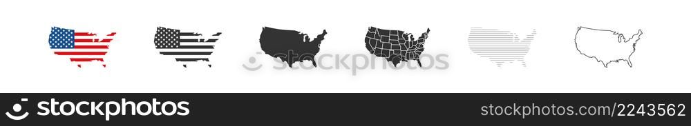 United States of America map set. USA country contour isolated icon in flat style. Vector illustration