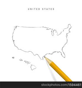 United States sketch outli≠map isolated on white background. Empty hand drawn vector map of the USA. Realistic 3D pencil with soft shadow.. United States freehand sketch outli≠vector map isolated on white background