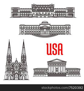 United States Supreme Court, Library of Congress, Brooklyn Museum, St Patrick Cathedral. Famous architecture landmarks of USA. Vector icons of buildings for souvenirs, travel map guide elements. Architecture landmarks of USA