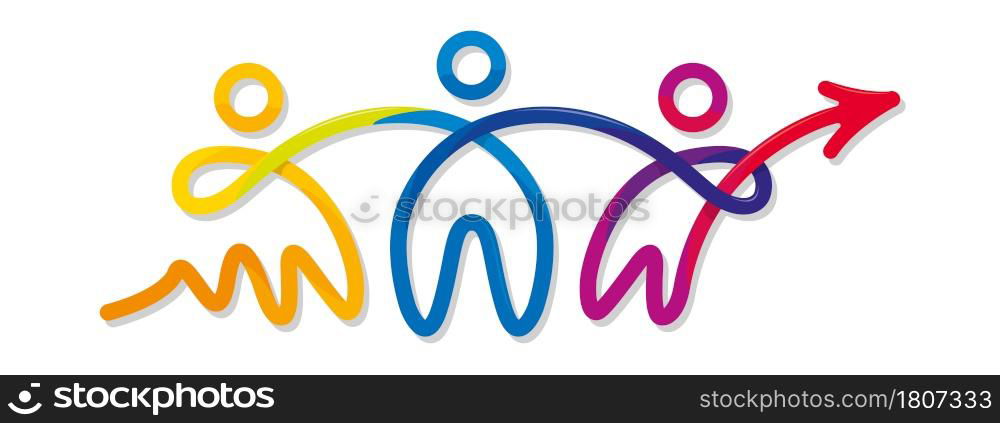 Unity concept. Drawing of 3 abstract people joined by their arms formed by a thick line that changes color from yellow, green, blue, purple to red on a white background. Vector image