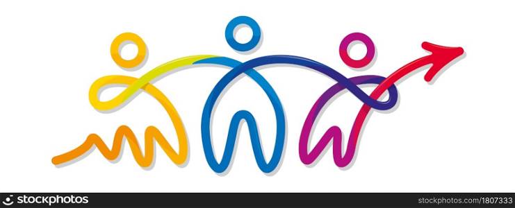 Unity concept. Drawing of 3 abstract people joined by their arms formed by a thick line that changes color from yellow, green, blue, purple to red on a white background. Vector image
