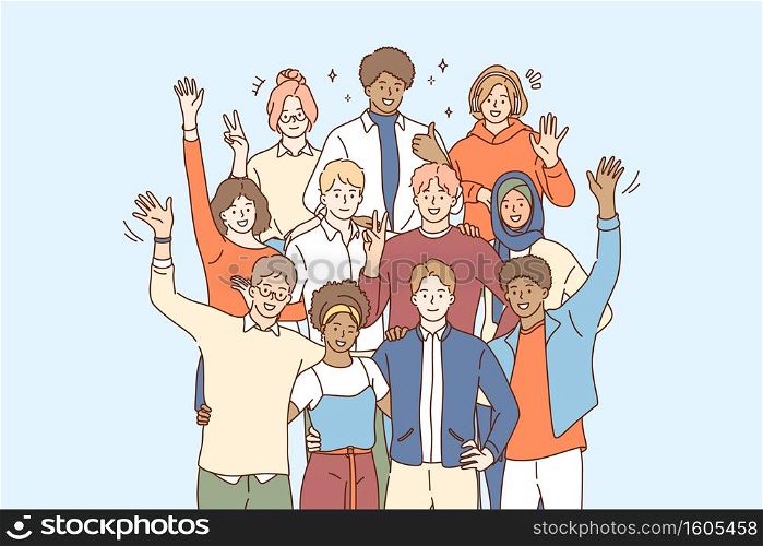 Unity in Multicultural diversity, team and friendship concept. People of different nationalities and religions members of multicultural society standing waving hands to camera vector illustration. Unity in Multicultural diversity, team and friendship concept