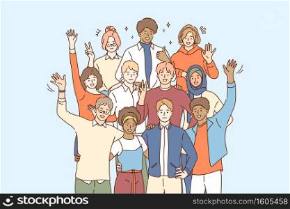 Unity in Multicultural diversity, team and friendship concept. People of different nationalities and religions members of multicultural society standing waving hands to camera vector illustration. Unity in Multicultural diversity, team and friendship concept