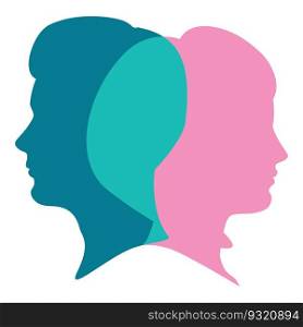 Unity, relationships, mental health, sharing love and thoughts, concept illustration, male and female heads in profile intersecting each other. 