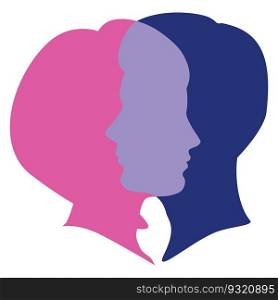 Unity, relationships, mental health, sharing love and thoughts, concept illustration, male and female heads in profile intersecting each other. 