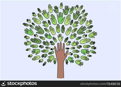 Unity, togetherness and ecology concept. Human hand forming tree with green crown consisting of various hands vector illustration. Unity, togetherness and ecology concept