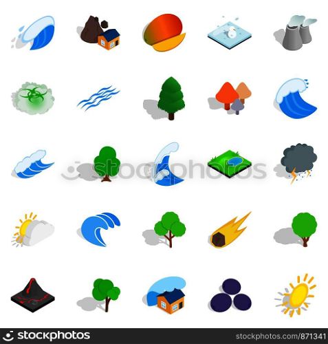 Unity with nature icons set. Isometric set of 25 unity with nature vector icons for web isolated on white background. Unity with nature icons set, isometric style