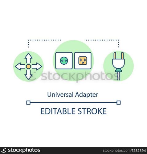 Universal adapter concept icon. Convenient traveler tool, modern tourist accessory idea thin line illustration. Electrical equipment. Vector isolated outline RGB color drawing. Editable stroke