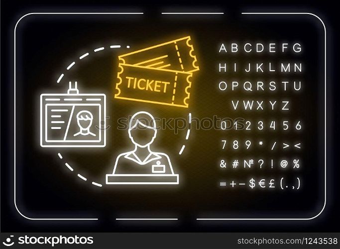 Universal admission ticket neon light concept icon. Personal premium access pass, budget travel idea. Outer glowing sign with alphabet, numbers and symbols. Vector isolated RGB color illustration