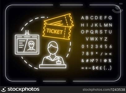 Universal admission ticket neon light concept icon. Personal premium access pass, budget travel idea. Outer glowing sign with alphabet, numbers and symbols. Vector isolated RGB color illustration