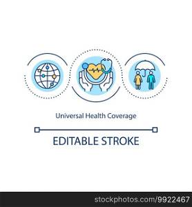 Universal health coverage concept icon. Access to needed health-related services idea thin line illustration. Ensuring social protection. Vector isolated outline RGB color drawing. Editable stroke. Universal health coverage concept icon