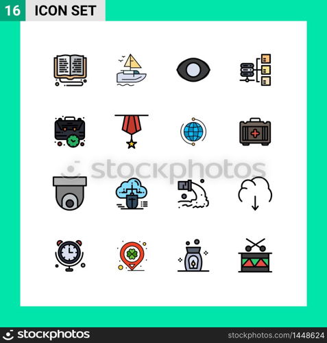 Universal Icon Symbols Group of 16 Modern Flat Color Filled Lines of bag, share, vessel, server, vision Editable Creative Vector Design Elements
