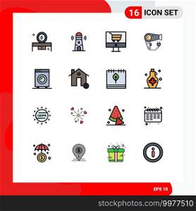 Universal Icon Symbols Group of 16 Modern Flat Color Filled Lines of devices, hairdryer, tower, hair, shop Editable Creative Vector Design Elements