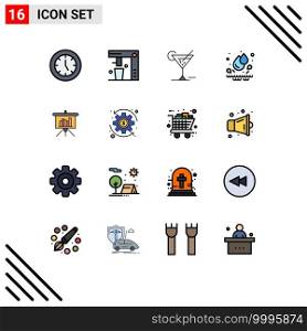Universal Icon Symbols Group of 16 Modern Flat Color Filled Lines of presentation, water, food, drops, drink Editable Creative Vector Design Elements