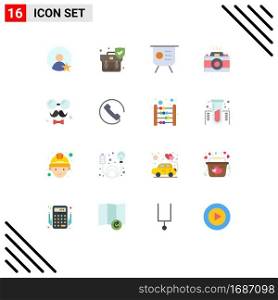 Universal Icon Symbols Group of 16 Modern Flat Colors of brim, picture, graph, photo, camera Editable Pack of Creative Vector Design Elements