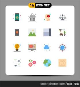 Universal Icon Symbols Group of 16 Modern Flat Colors of location, scale, head, law, decision Editable Pack of Creative Vector Design Elements