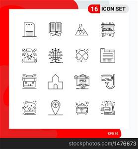 Universal Icon Symbols Group of 16 Modern Outlines of accommodation, mountain, ramadhan, mission, flag Editable Vector Design Elements