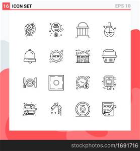 Universal Icon Symbols Group of 16 Modern Outlines of bell, health, bank, fashion, beauty Editable Vector Design Elements