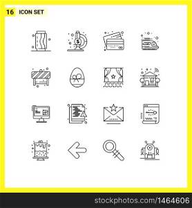 Universal Icon Symbols Group of 16 Modern Outlines of block, transport, banking, train, payment Editable Vector Design Elements