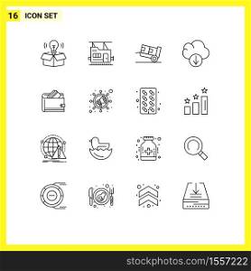 Universal Icon Symbols Group of 16 Modern Outlines of dollar, cash, handcart, wallet, data Editable Vector Design Elements