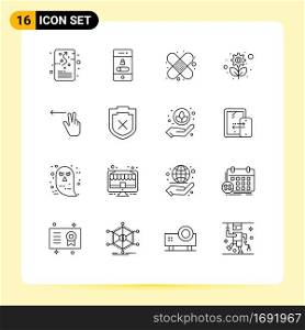 Universal Icon Symbols Group of 16 Modern Outlines of fingers, plant, smartphone, sustainable, first aid Editable Vector Design Elements