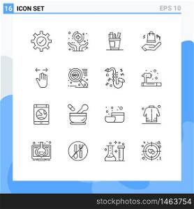 Universal Icon Symbols Group of 16 Modern Outlines of shopping bag, ahnd, pen, tools, supplies Editable Vector Design Elements