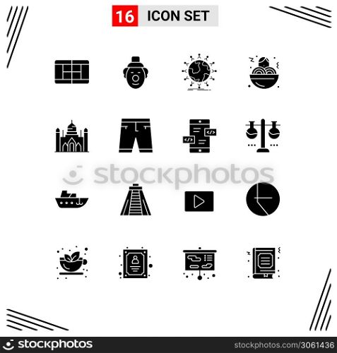 Universal Icon Symbols Group of 16 Modern Solid Glyphs of accessories, dhaka, globe, bangladesh, food Editable Vector Design Elements