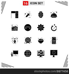 Universal Icon Symbols Group of 16 Modern Solid Glyphs of celebration, tray, airlock, food, pod Editable Vector Design Elements