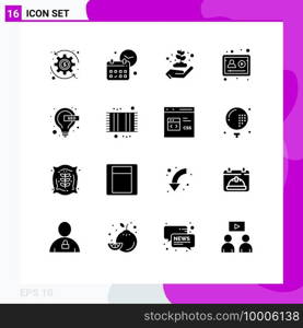 Universal Icon Symbols Group of 16 Modern Solid Glyphs of idea, study, earth day, profile, account Editable Vector Design Elements