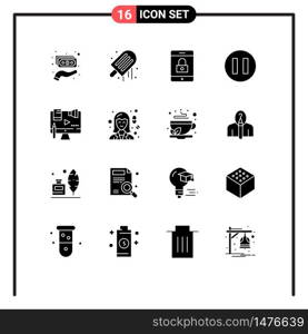 Universal Icon Symbols Group of 16 Modern Solid Glyphs of law, copyright, encryption, content, pause Editable Vector Design Elements