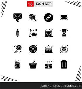 Universal Icon Symbols Group of 16 Modern Solid Glyphs of machine, scale, guilder, tool, level Editable Vector Design Elements