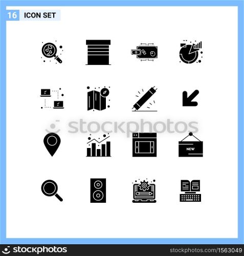 Universal Icon Symbols Group of 16 Modern Solid Glyphs of product, descriptions, finance, analytic, payments Editable Vector Design Elements