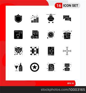 Universal Icon Symbols Group of 16 Modern Solid Glyphs of speech, conversation, transport, communication, bubble Editable Vector Design Elements