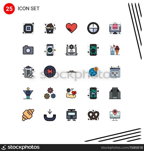 Universal Icon Symbols Group of 25 Modern Filled line Flat Colors of shopping, bag, heart, military, army Editable Vector Design Elements