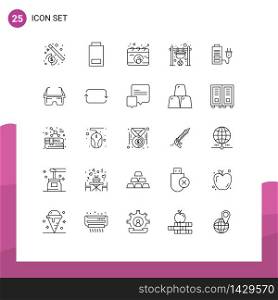 Universal Icon Symbols Group of 25 Modern Lines of battery, fire, break, cook, campfire Editable Vector Design Elements