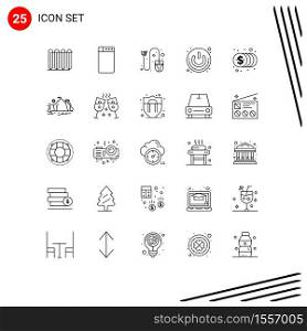 Universal Icon Symbols Group of 25 Modern Lines of coins, shutdown, click, power button, on off Editable Vector Design Elements