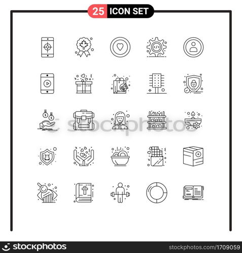 Universal Icon Symbols Group of 25 Modern Lines of user, interface, love, gear, programming interface Editable Vector Design Elements