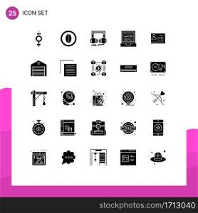 Universal Icon Symbols Group of 25 Modern Solid Glyphs of card, license to work, headphone, design, laptop Editable Vector Design Elements