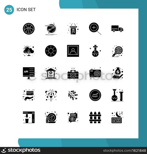Universal Icon Symbols Group of 25 Modern Solid Glyphs of emission, transport, presentation, logistics, zoom Editable Vector Design Elements