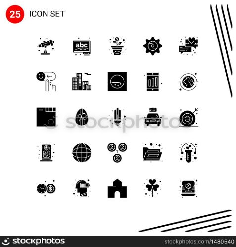 Universal Icon Symbols Group of 25 Modern Solid Glyphs of emotion, love, growth, chat, drink Editable Vector Design Elements