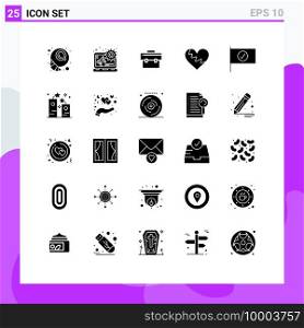 Universal Icon Symbols Group of 25 Modern Solid Glyphs of flag, gift, briefcase, favorite, love Editable Vector Design Elements
