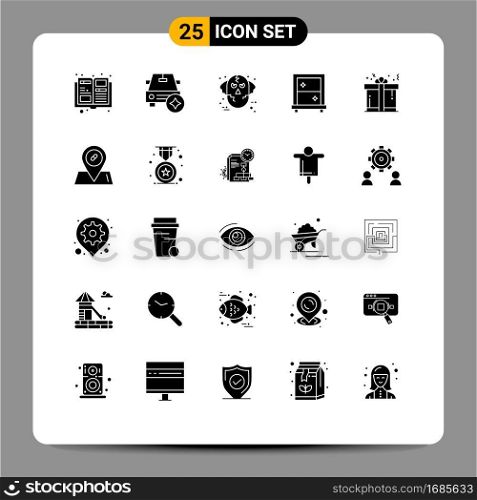 Universal Icon Symbols Group of 25 Modern Solid Glyphs of gift, present, halloween, mirror, window Editable Vector Design Elements