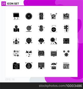 Universal Icon Symbols Group of 25 Modern Solid Glyphs of laptop, house, delete, home, mobile Editable Vector Design Elements
