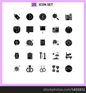 Universal Icon Symbols Group of 25 Modern Solid Glyphs of map, gear, bluetooth, research, sharing Editable Vector Design Elements