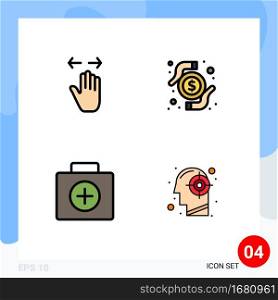 Universal Icon Symbols Group of 4 Modern Filledline Flat Colors of hand, briefcase, right, money, medical Editable Vector Design Elements