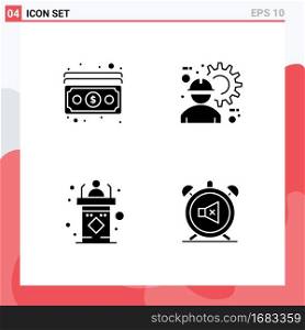Universal Icon Symbols Group of 4 Modern Solid Glyphs of cash, classroom, payment, engineer, rostrum Editable Vector Design Elements