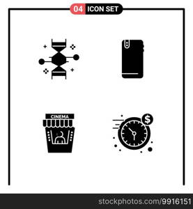 Universal Icon Symbols Group of 4 Modern Solid Glyphs of chromosome, back, genetic modification, smart phone, movie Editable Vector Design Elements