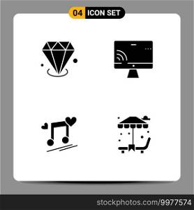 Universal Icon Symbols Group of 4 Modern Solid Glyphs of diamonf, node, jewelry, screen, love Editable Vector Design Elements
