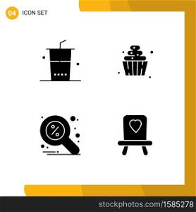 Universal Icon Symbols Group of 4 Modern Solid Glyphs of drinks, find, shopping, soft serve, search Editable Vector Design Elements