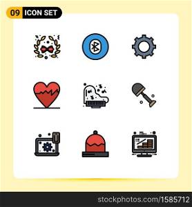 Universal Icon Symbols Group of 9 Modern Filledline Flat Colors of big, instrument, cog, grand, heart Editable Vector Design Elements